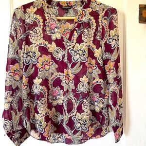 Banana Republic Women's Burgundy Sheer Paisley Floral Long Sleeve Blouse